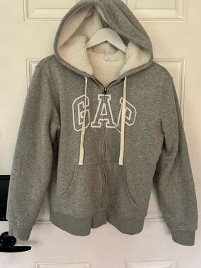 GAP Gray Sherpa-Lined Zip Hoodie with Cream Drawstrings